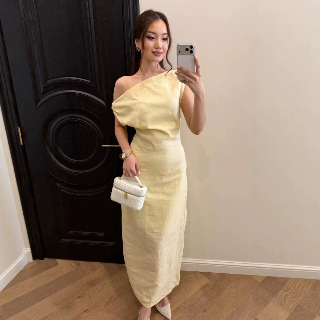 Vestido de Lino y Algodón Un Hombro para Fiesta