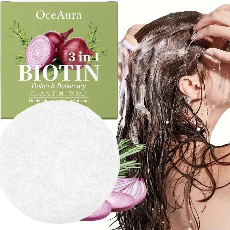 Jabón Champú de Cebolla y Biotina - 60g, Adecuado para Todo Tipo de Cabello, Hidratante y Suavizante, Rico en Extracto de Alecrim