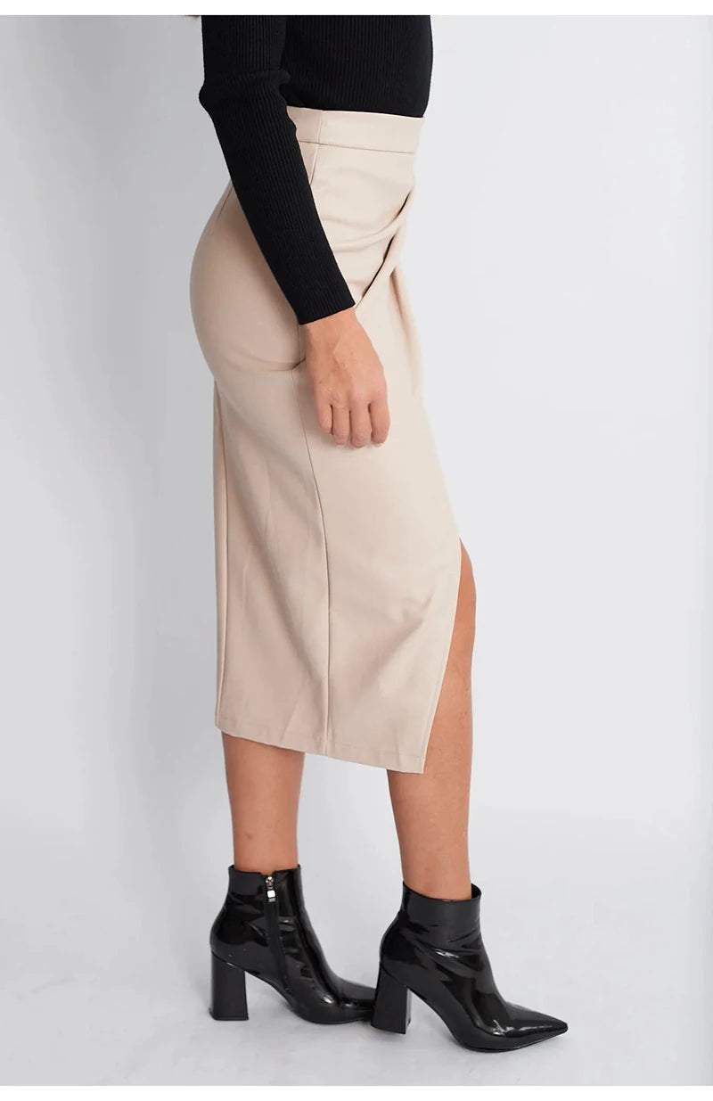 Falda Midi De Cuero Sintético Con Abertura Y Pliegues Sexy