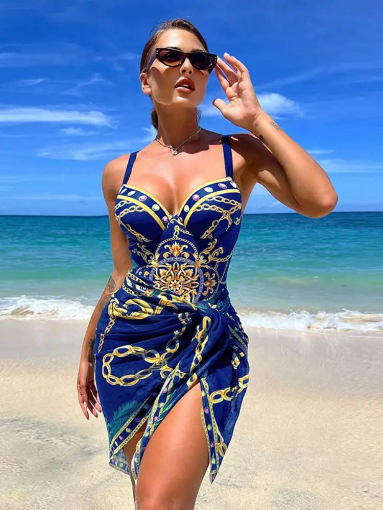 Traje de Baño Push Up con Falda - Estampado de Cadena para Playa y Piscina
