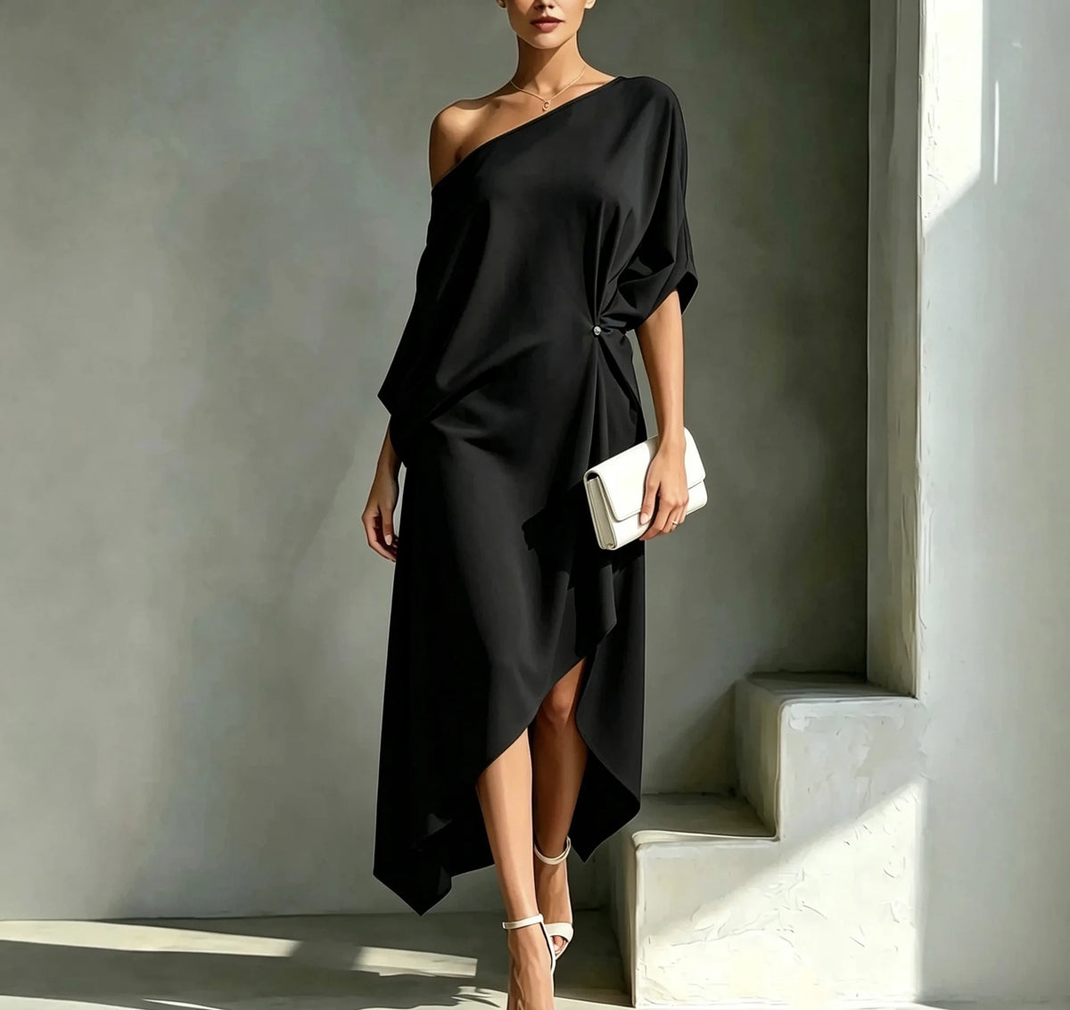 Vestido Maxi Fruncido Asimétrico Hombros Descubiertos