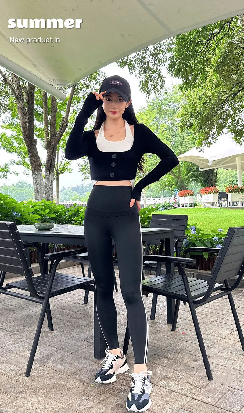 Leggings Piel Tiburón Raya Lateral | Cintura Alta Ajustado Casual | Mallas Deportivas PV | Ticotrendy