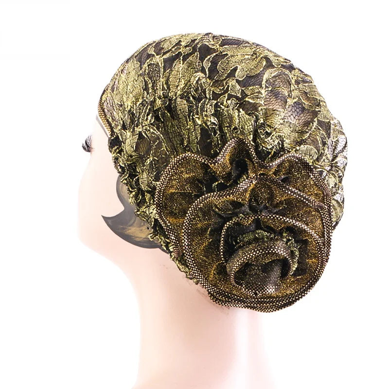 Turbante de encaje negro para mujer, gorro bajo bufanda, de flores grandes Hijab, sombreros musulmanes, gorro de flores, gorro de envoltura, sombreros islámicos, nuevo