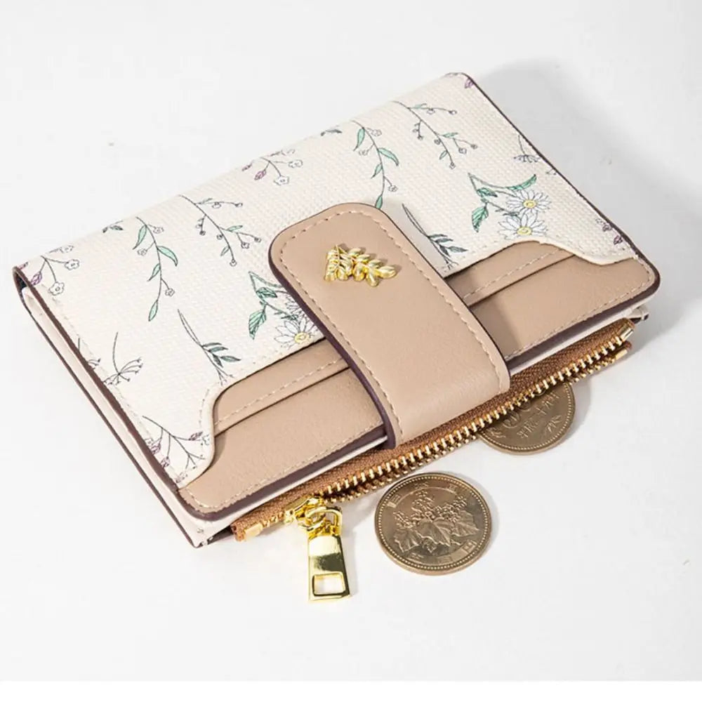 Cartera corta delgada de cuero PU INS, monedero con cremallera para múltiples tarjetas, monedero con flores pequeñas, cartera con cremallera para mujer y niña