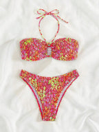 Bikini con Estampado Floral, Halter Ahumado y Parte Inferior de Tiro Alto