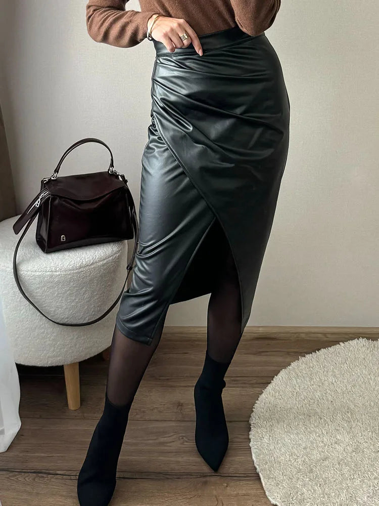 Falda Midi De Cuero Sintético Con Abertura Y Pliegues Sexy