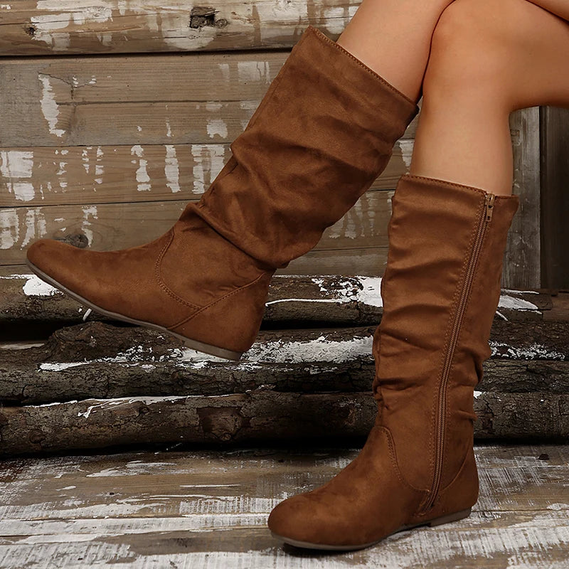 Botas de Media Pantorrilla Plisadas | Estilo Británico | Plataforma