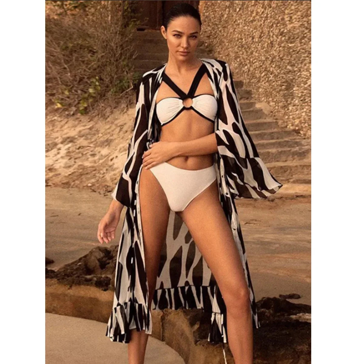 Conjunto de Bikini de Gasa de 3 Piezas - Traje de Baño Divisado para Playa