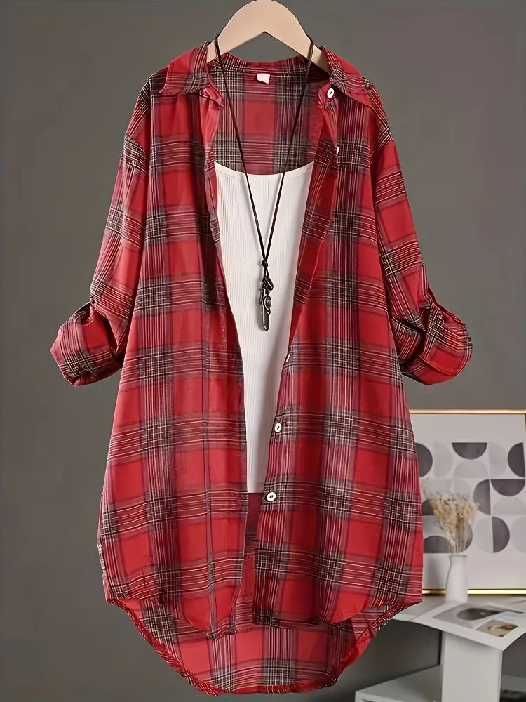 Camisa Algodón Lino Cuadros Plus Size | Holgada Manga Media Largo Midi | Tallas 1XL-5XL | Tico Trendy