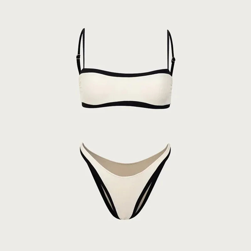 Bikini Colorblock con Ribete - Traje de Baño de Dos Piezas para Playa
