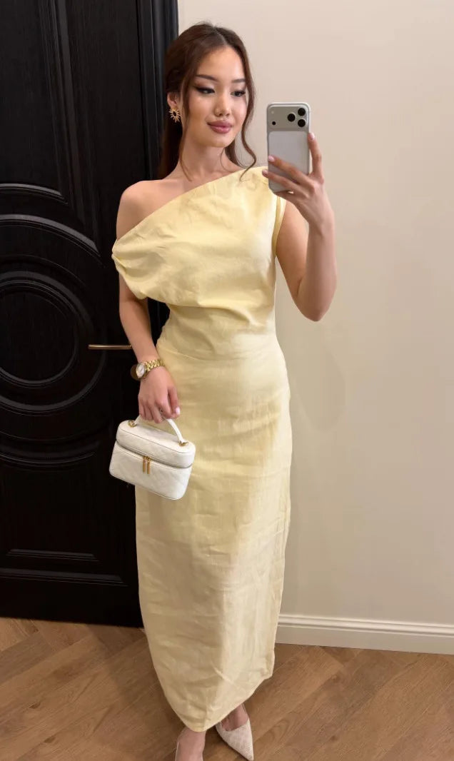 Vestido de Lino y Algodón Un Hombro para Fiesta