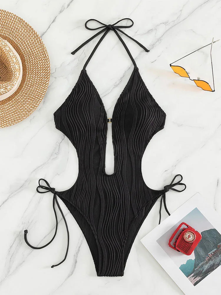 Traje de Baño Una Pieza | Cuello Halter y Lazo Lateral | Monocromático | Verano