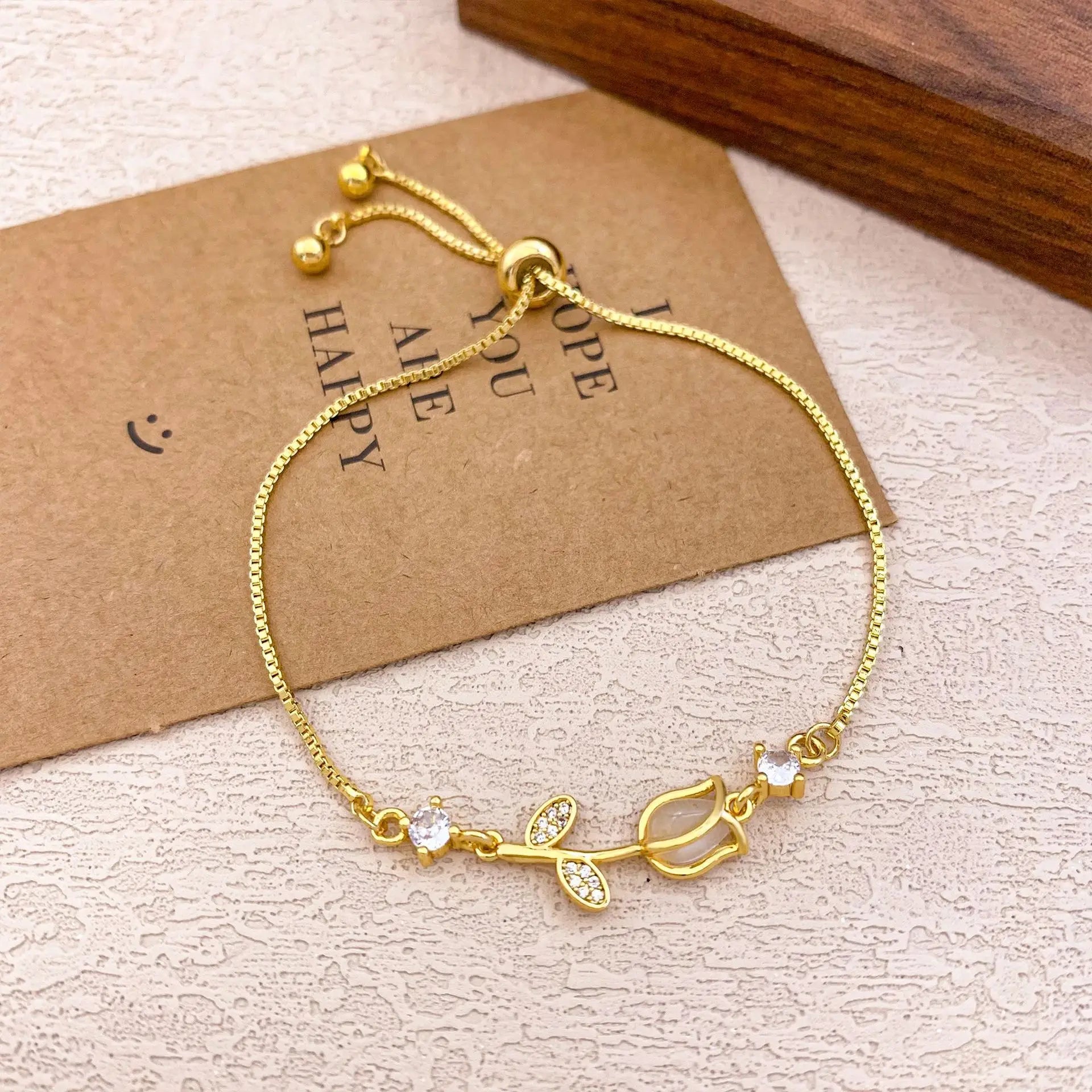 Pulseras con dijes de flor de tulipán y piedra lunar de circón colorido dulce para mujer y niña, joyería de cadena de caja de acero inoxidable ajustable elegante