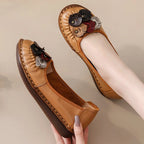Mocasines Étnicos de Cuero Genuino para Mamá | Punta Redonda | Antideslizantes | Verano 2025