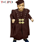 Traje africano Bazin Riche para niño, conjuntos de 4 piezas, camiseta, pantalón, batas y gorro, ropa de exterior Agbada, Y234017