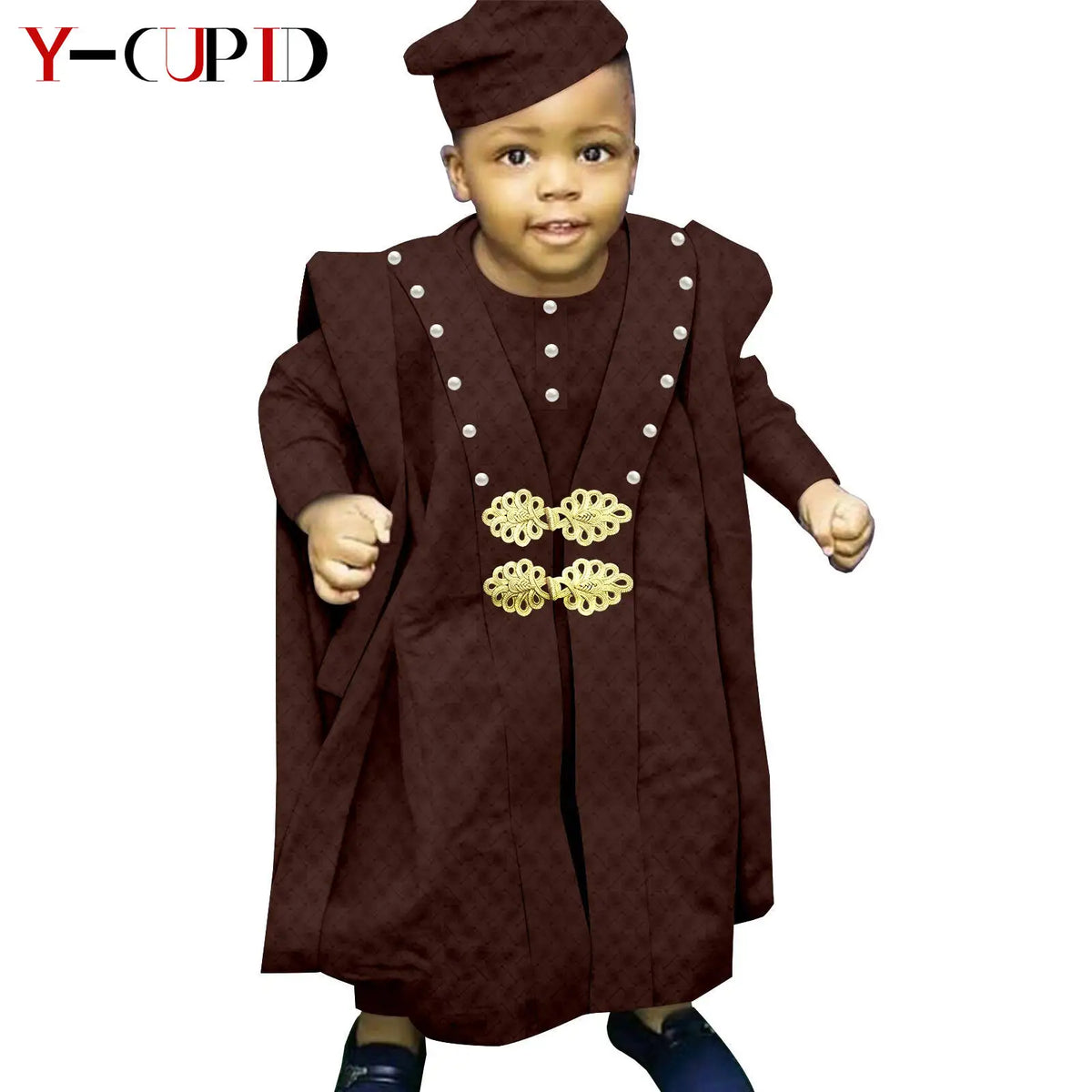 Traje africano Bazin Riche para niño, conjuntos de 4 piezas, camiseta, pantalón, batas y gorro, ropa de exterior Agbada, Y234017