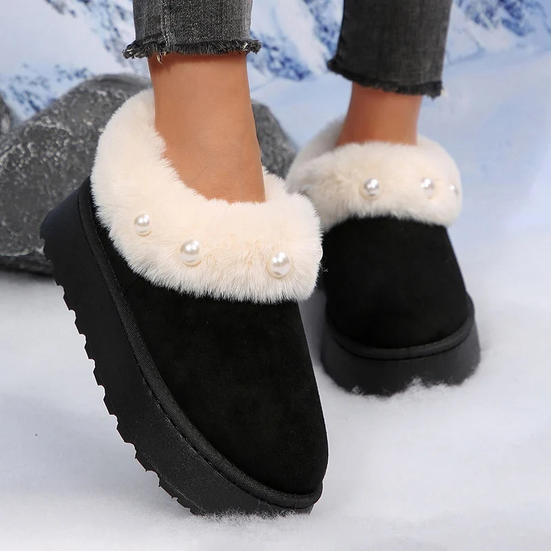 Botas Plataforma Piel Esponjosa Perlas Moda Tica Elegante