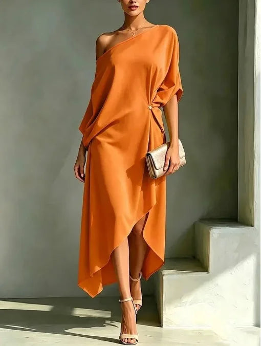 Vestido Maxi Fruncido Asimétrico Hombros Descubiertos