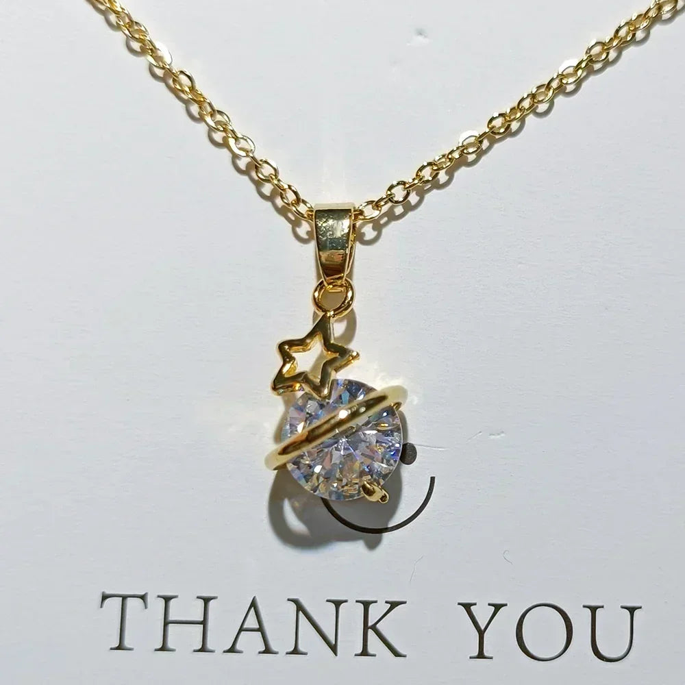 Collares de Planeta de piedra lunar de circón de acero inoxidable para mujeres y niñas, Color dorado, joyería de moda, regalos, accesorios para amigos