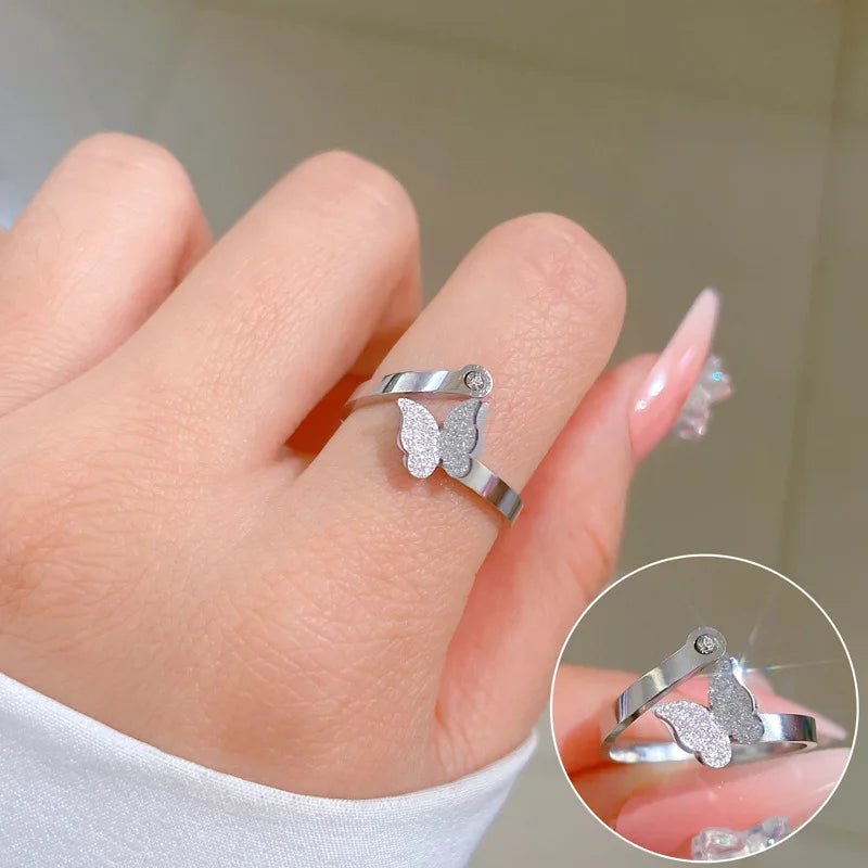 Anillos de mariposa de circón ajustables simples para mujeres y niñas, Color plateado, todos los anillos de acero inoxidable, accesorios para dedos, regalos