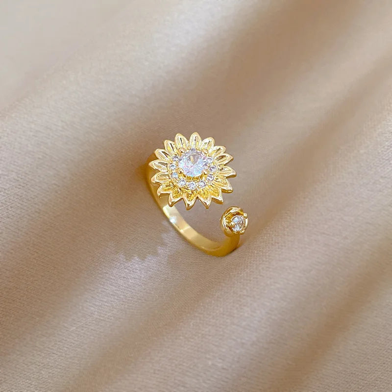 Anillo de girasol de circón chapado en oro de 18 quilates para mujer, anillo de cobre ajustable que se puede abrir, accesorios de joyería, regalos para amigos