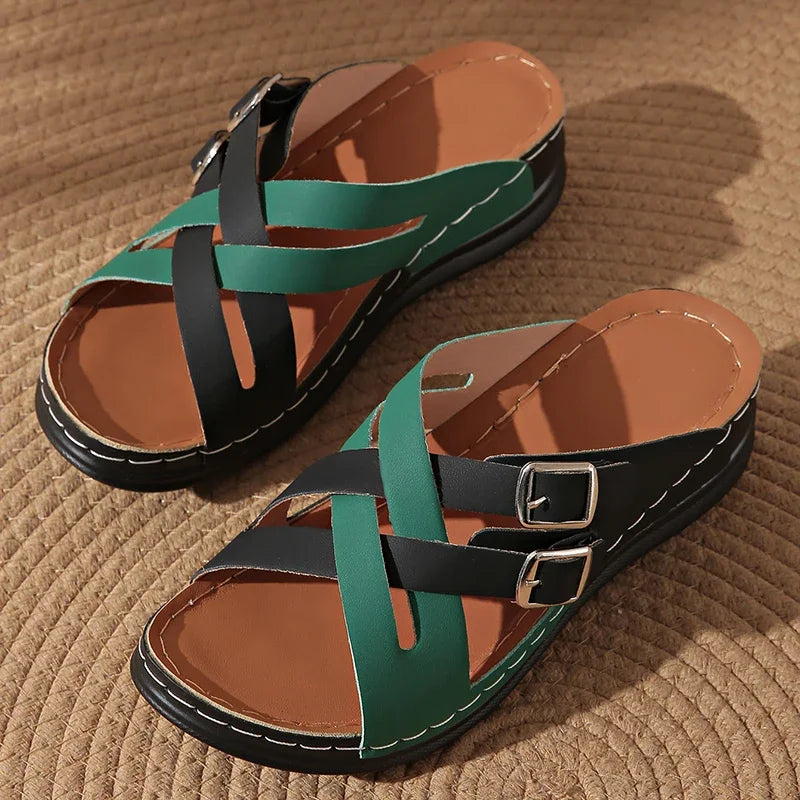 Zapatillas de Cuña con Tiras Cruzadas | Colores Combinados | Suela Suave Antideslizante | Talla 43