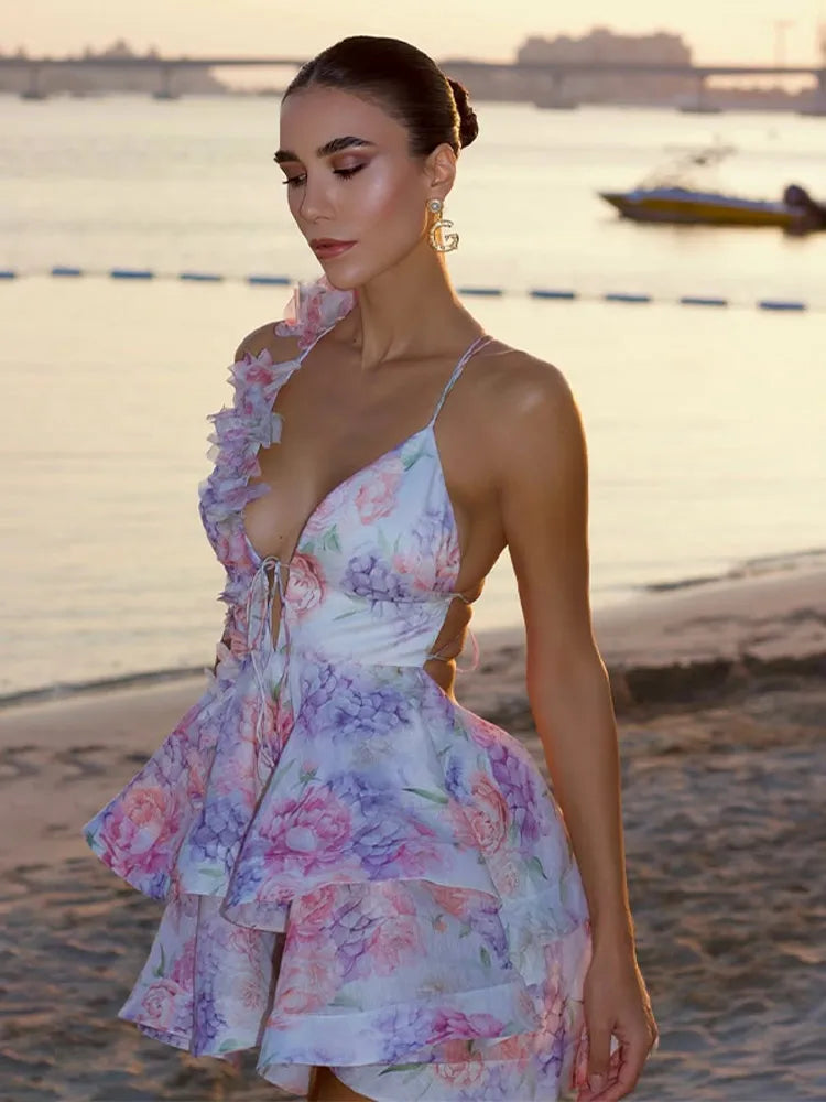 Vestido elegante con empalme de flores en 3d para mujer, minivestido con cordones, sin espalda, sin mangas, con dobladillo plegable, para playa
