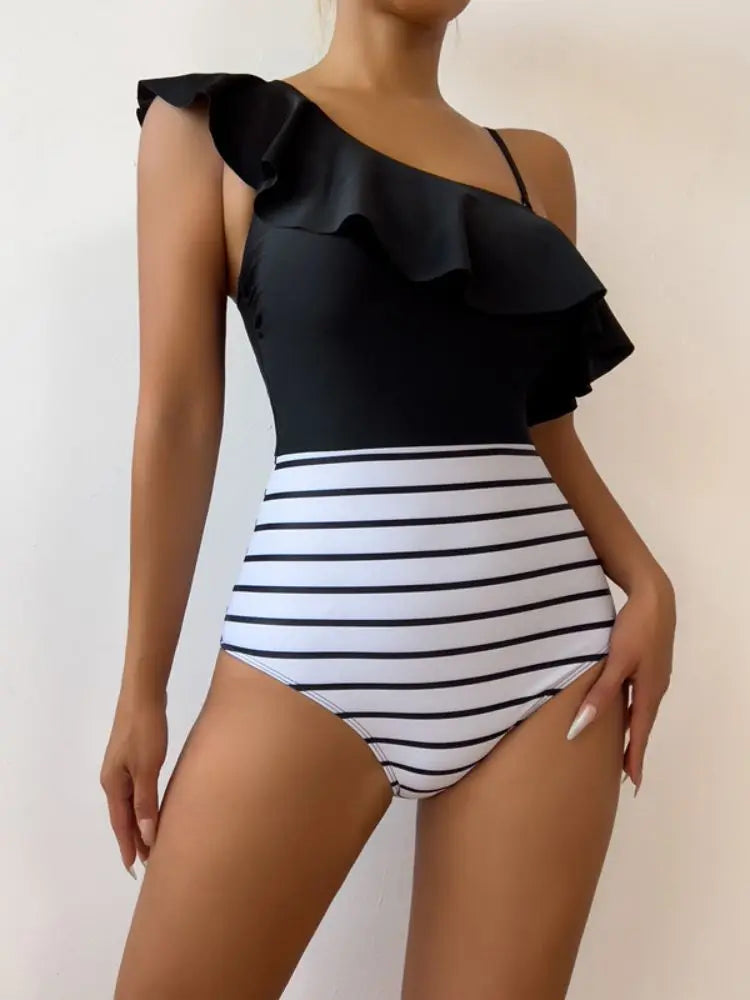 Traje de Baño Enterizo de Cintura Alta | Rayas y Color Bloqueado | Elegante