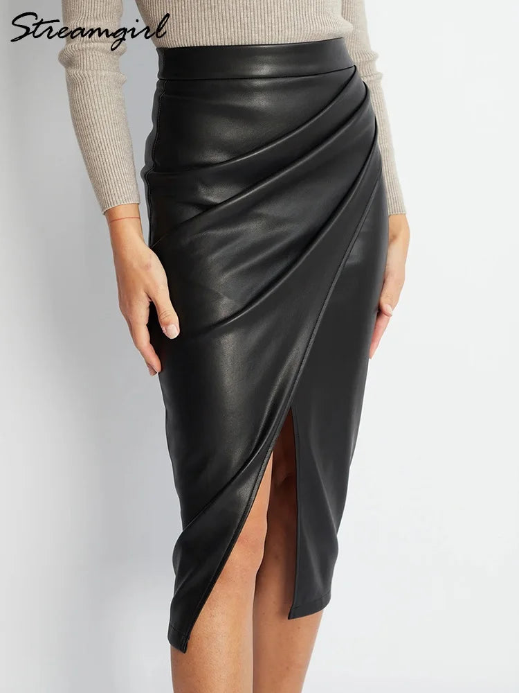 Falda Midi De Cuero Sintético Con Abertura Y Pliegues Sexy