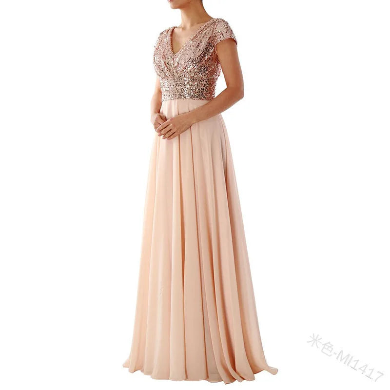 Vestido elegante de gasa con lentejuelas para mujer, cuello en V, dobladillo plisado, lentejuelas femeninas, vestido largo de cóctel para graduación, vestido de noche de boda