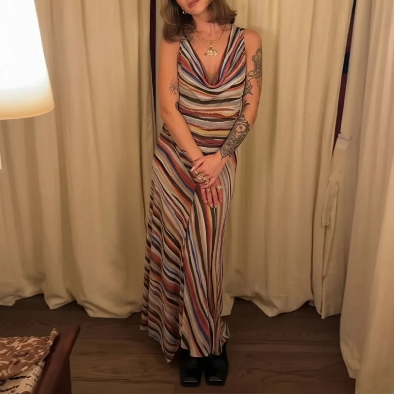 Vestido de Fiesta Rayas Onduladas Cintura Ajustada