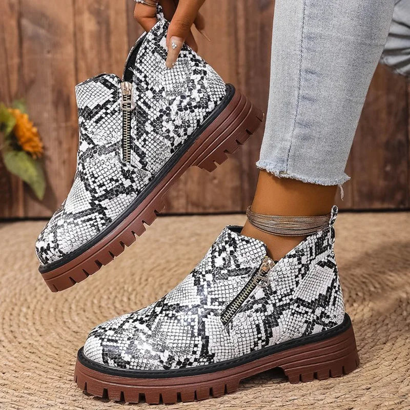 Botines de Plataforma | Estampado de Serpiente | Punta Redonda Elegante