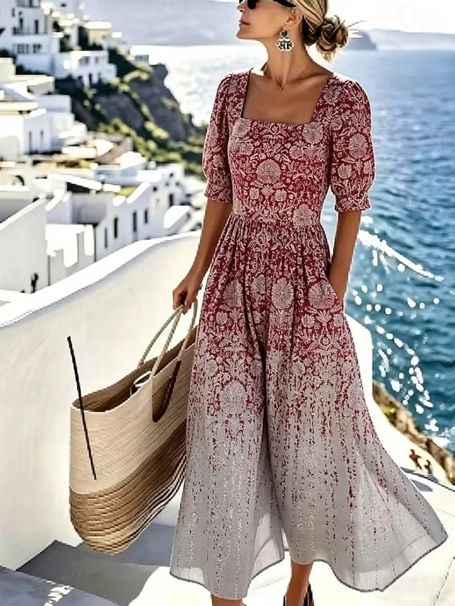 Vestido Corto Estampado Cuello Cuadrado con Bolsillos