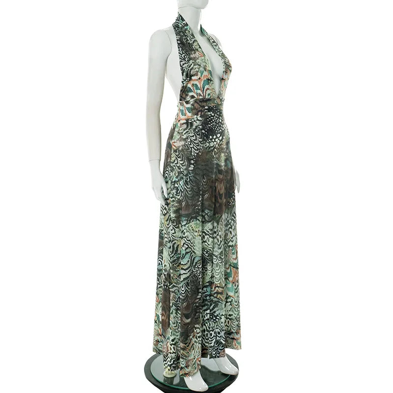 Vestido largo elegante con estampado abstracto para mujer, falda larga dividida con escote en V profundo y espalda descubierta, vestido informal de estilo francés a la moda de verano