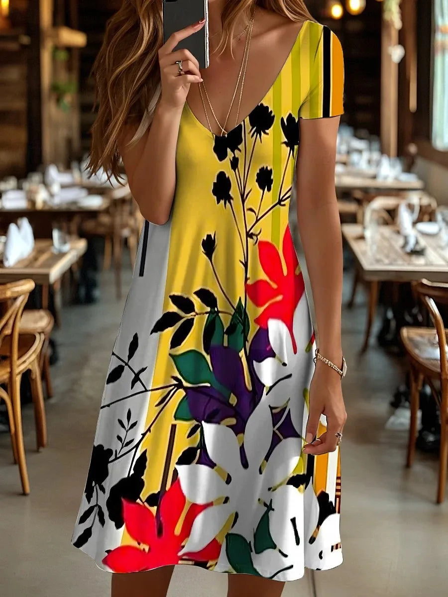 Vestido Midi Retro con Estampado 3D Flores | Manga Corta y Cuello V | Holgado Talla Grande | Tico Trendy