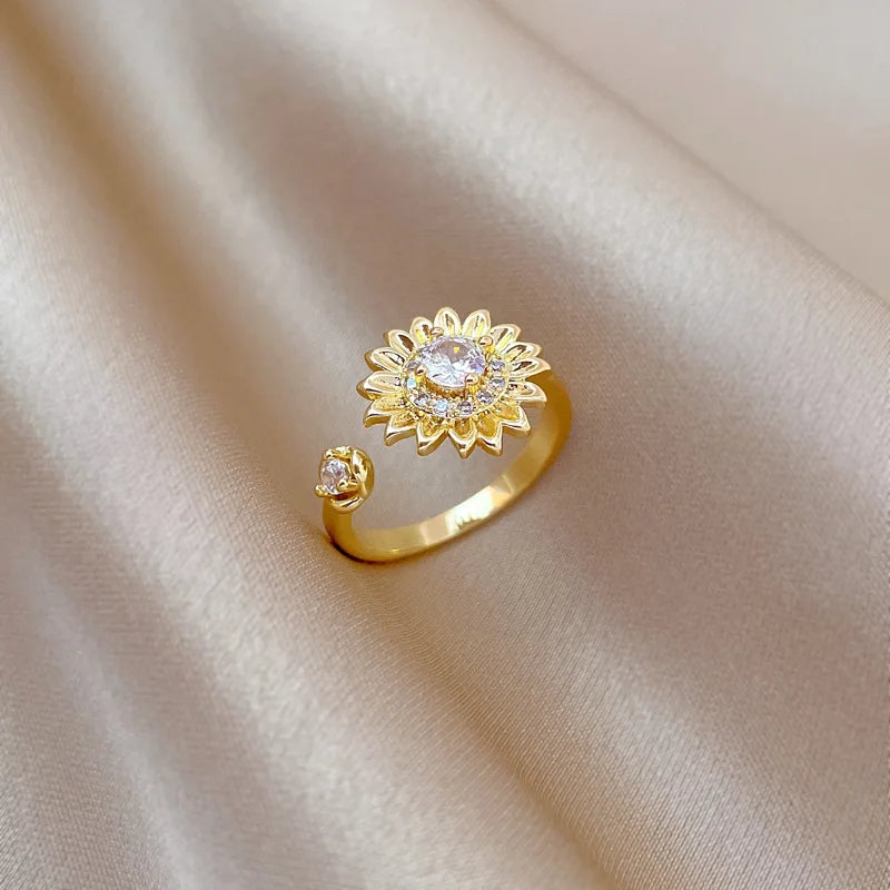 Anillo de girasol de circón chapado en oro de 18 quilates para mujer, anillo de cobre ajustable que se puede abrir, accesorios de joyería, regalos para amigos