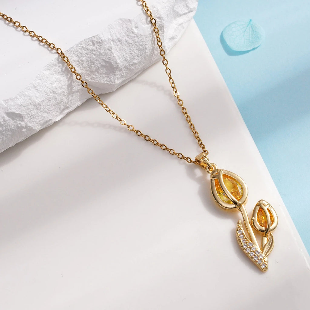 Collar Elegante Tulipán Circón ∣ Cadena Acero Inoxidable ∣ Joyería Moda Femenina