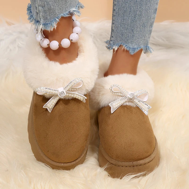 Botas De Nieve Piel Sintética Lazo De Cristal Moda Tica
