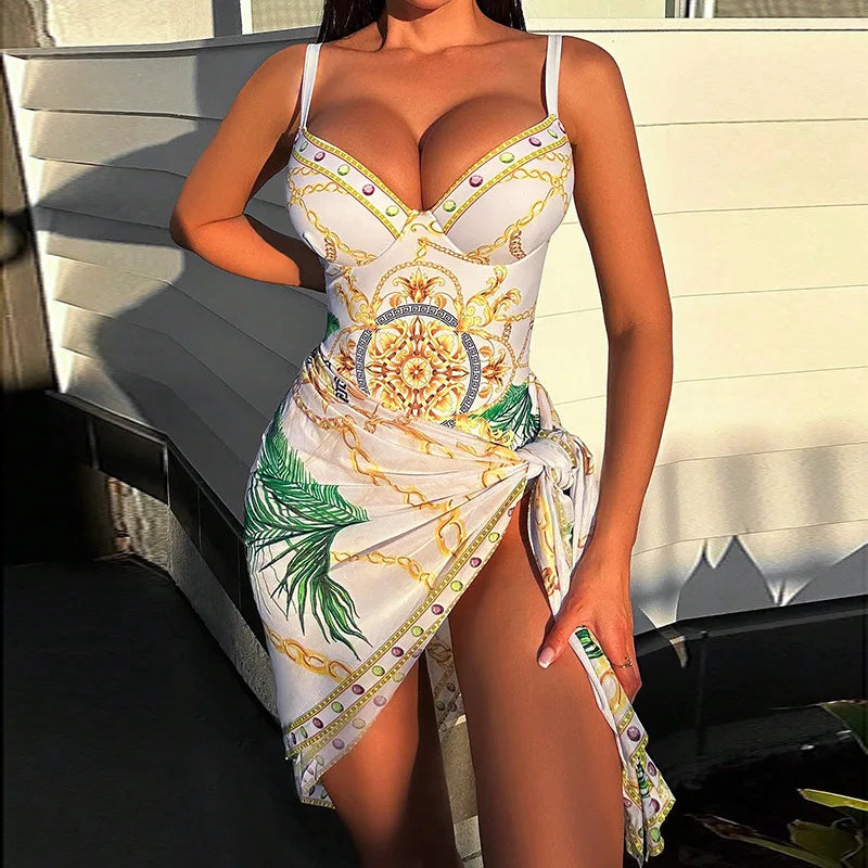 Traje de Baño Push Up con Falda - Estampado de Cadena para Playa y Piscina