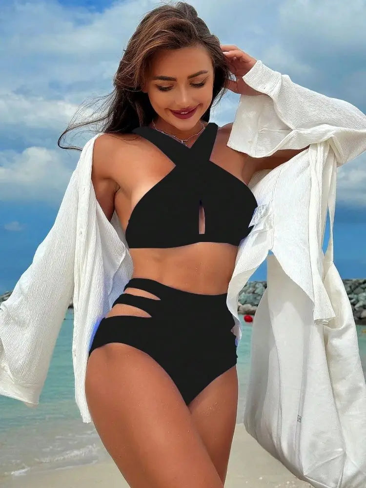 Conjunto de Bikini Halter de Color Sólido Cikini para Vacaciones y Playa