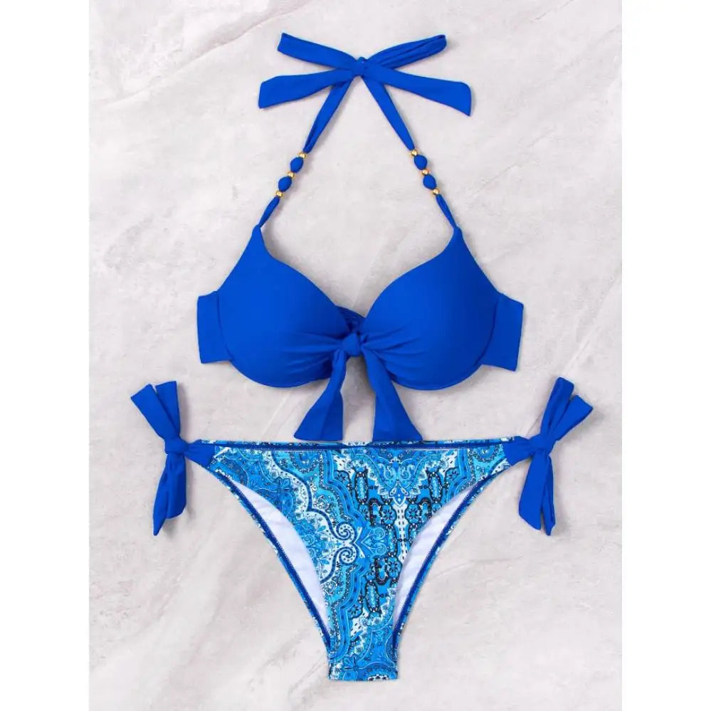 Bikini de Neón con Lazo Lateral y Estampado de Cachemira Push Up