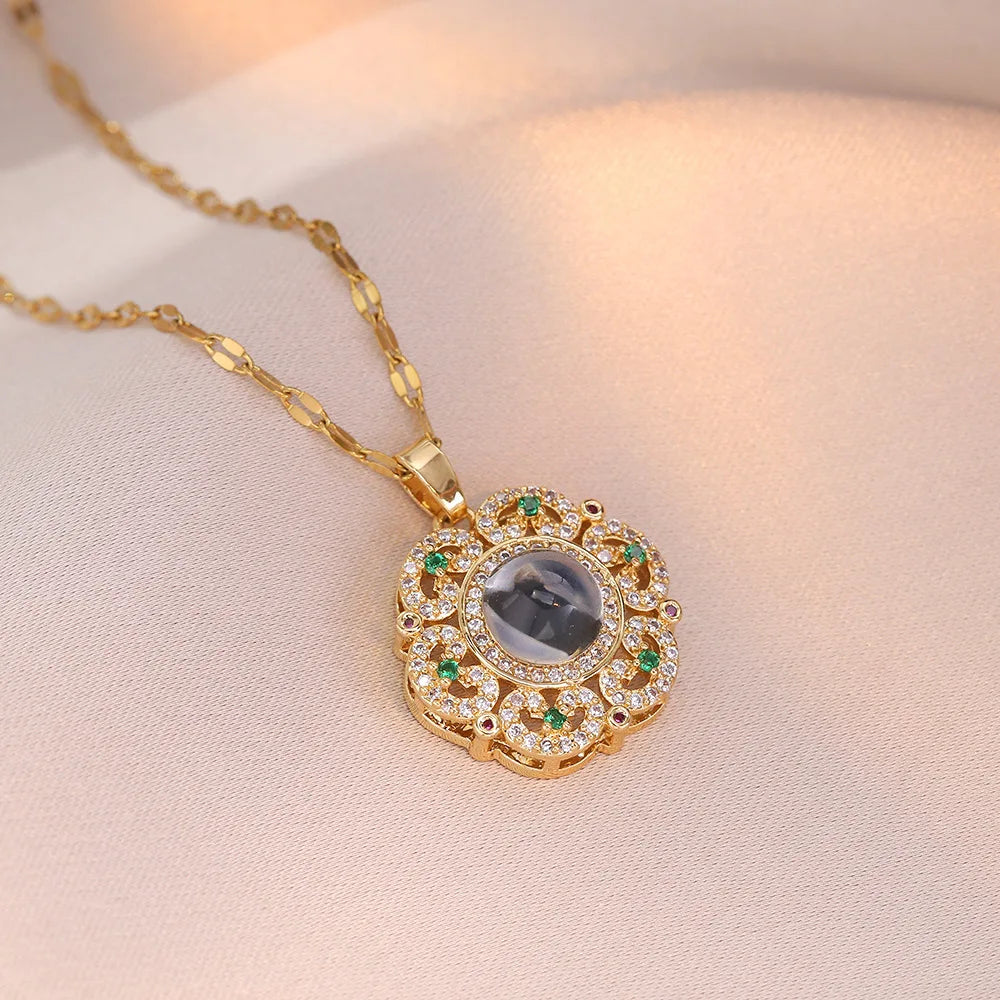 Collar Flor Circón Acero Inoxidable | Colgante Dorado Plateado | Joyería Femenina