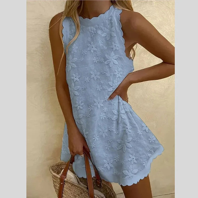 Minivestido de Encaje Cuello Redondo para Playa