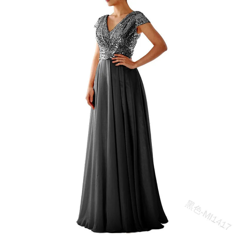 Vestido Cóctel Gasa Plisado Elegante Lentejuelas | Cuello V Formal Longitud Suelo