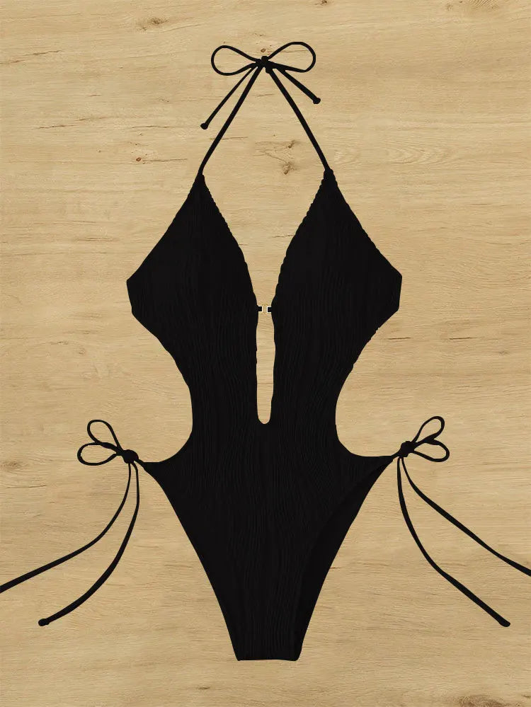 Traje de Baño Una Pieza | Cuello Halter y Lazo Lateral | Monocromático | Verano