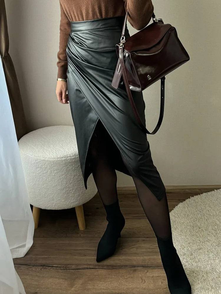 Falda Midi De Cuero Sintético Con Abertura Y Pliegues Sexy