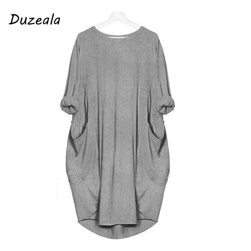 Personalizable gran oferta Otoño Invierno mujer moda bolsillo vestido suelto señoras sólido cuello redondo Casual Tops largos vestido