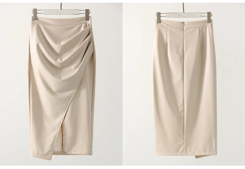 Falda Midi De Cuero Sintético Con Abertura Y Pliegues Sexy