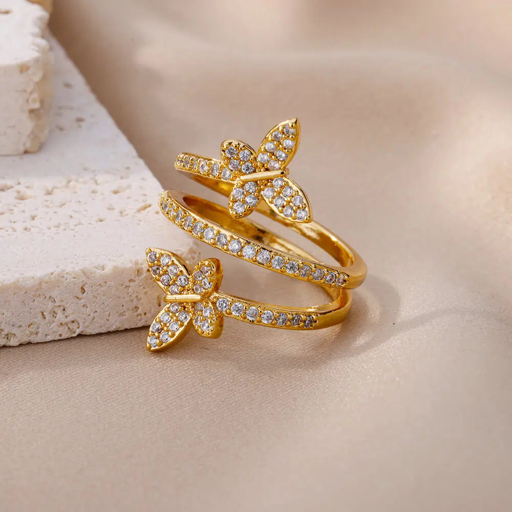 Anillo Ticotrendy | Mariposa Doble Circón | Multicapa Acero Oro | Joyería Fiesta