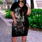 Vestido de Manga Corta con Estampado 3D de Calavera | Cuello en V y Talla Grande | Moda Verano | Tico Trendy